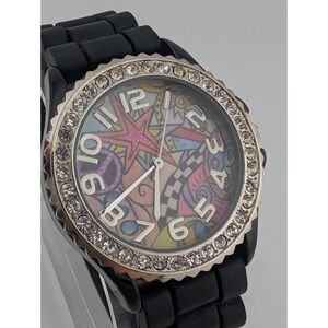 Swap Watch Women 39mm Case Rhinestone Bezel Black Silicone Band- New Battery